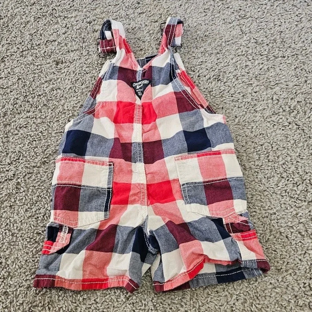 OshKosh B'gosh Toddler 2T Red Blue Plaid Cotton Shortalls Overalls